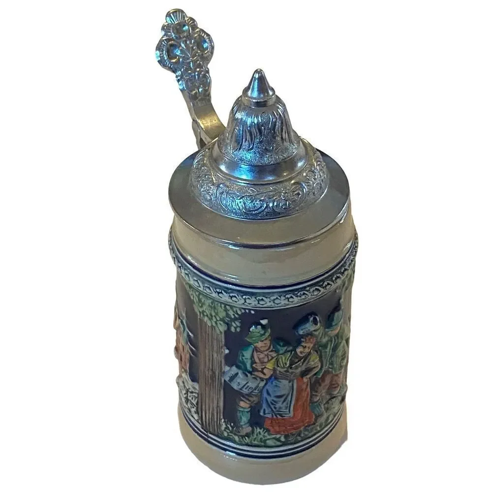 Vintage German Beer Stein 7” - Pewter Lid